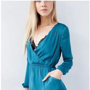 NWT-Alice & UO Teal Demy Long-sleeve Satin Romper.